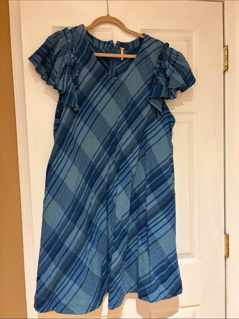 Free People Blue Plaid Ruffle Sleeve Dress